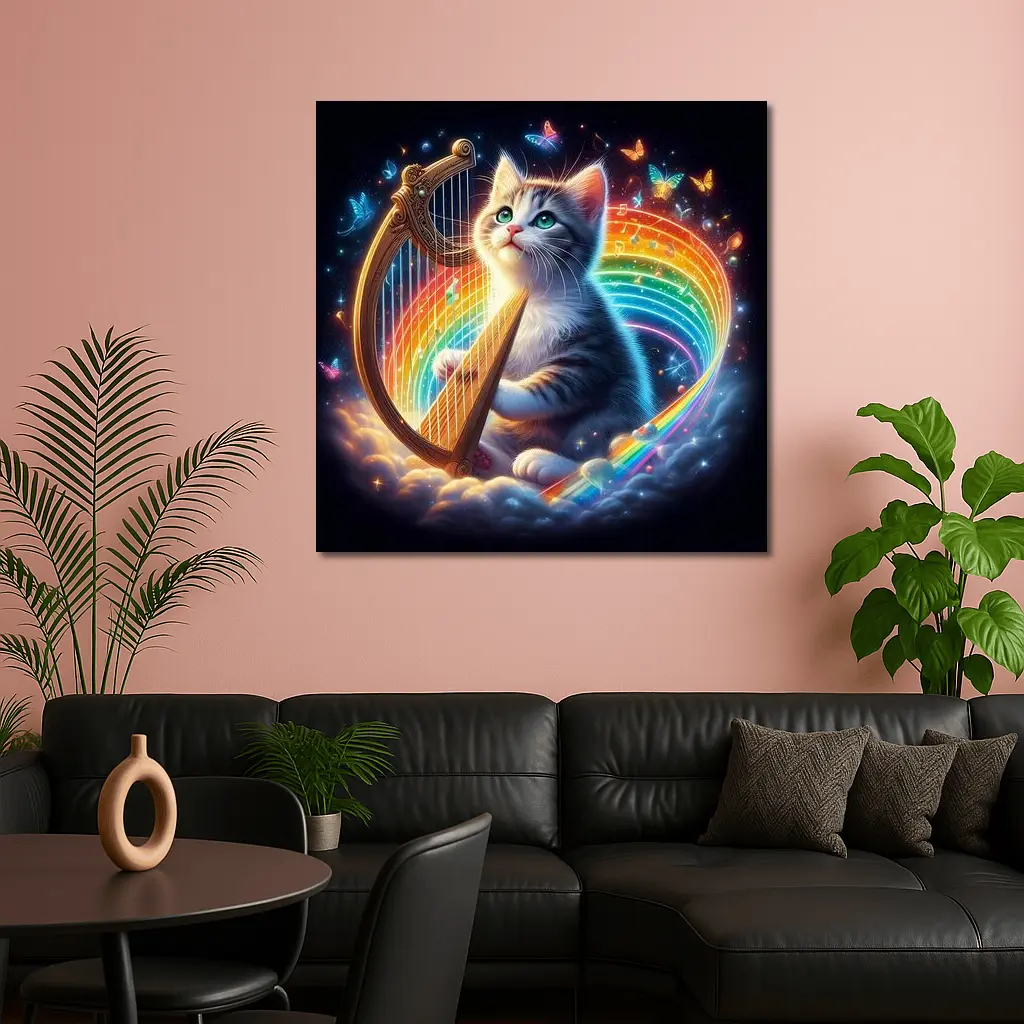 Kitten Playing Harp Rainbow Butterflies Fantasy – Wall Art
