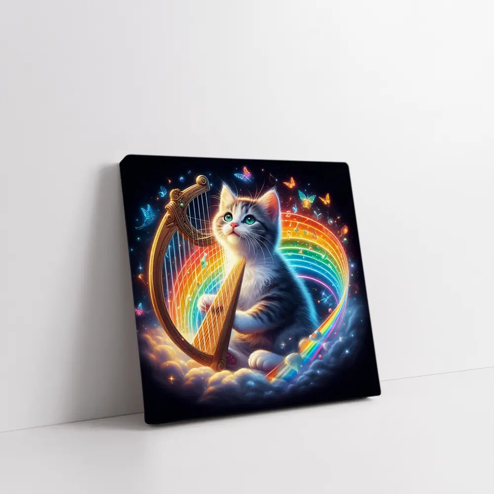 Kitten Playing Harp Rainbow Butterflies Fantasy – Wall Art