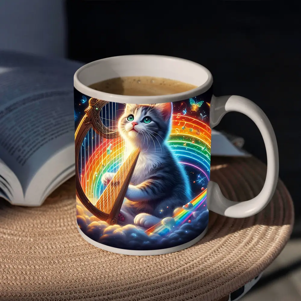 Kitten Playing Harp Rainbow Butterflies Fantasy – Mugs