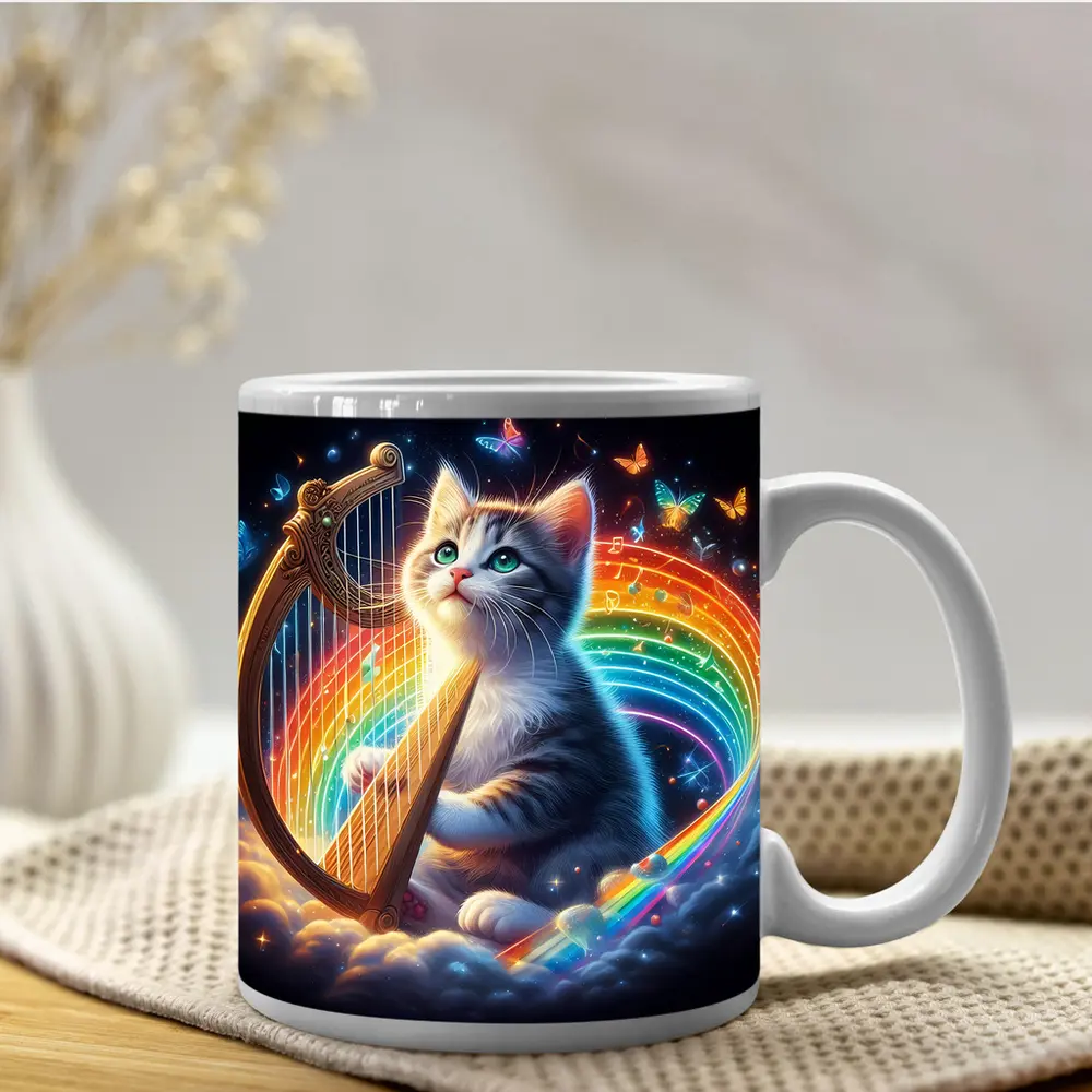 Kitten Playing Harp Rainbow Butterflies Fantasy – Mugs