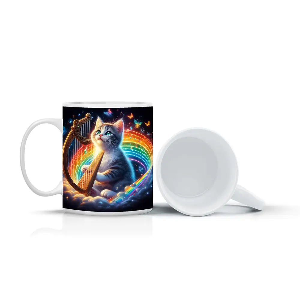 Kitten Playing Harp Rainbow Butterflies Fantasy – Mugs
