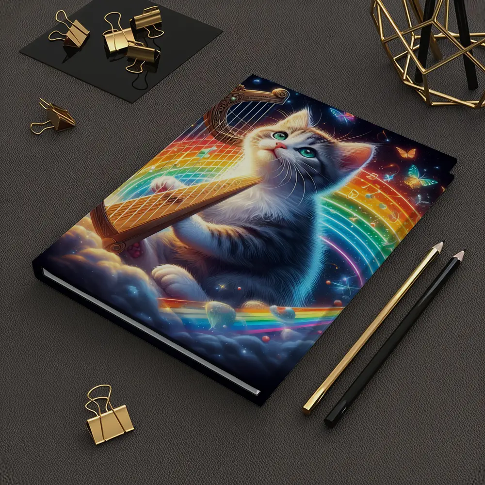 Kitten Playing Harp Rainbow Butterflies Fantasy – Notebooks