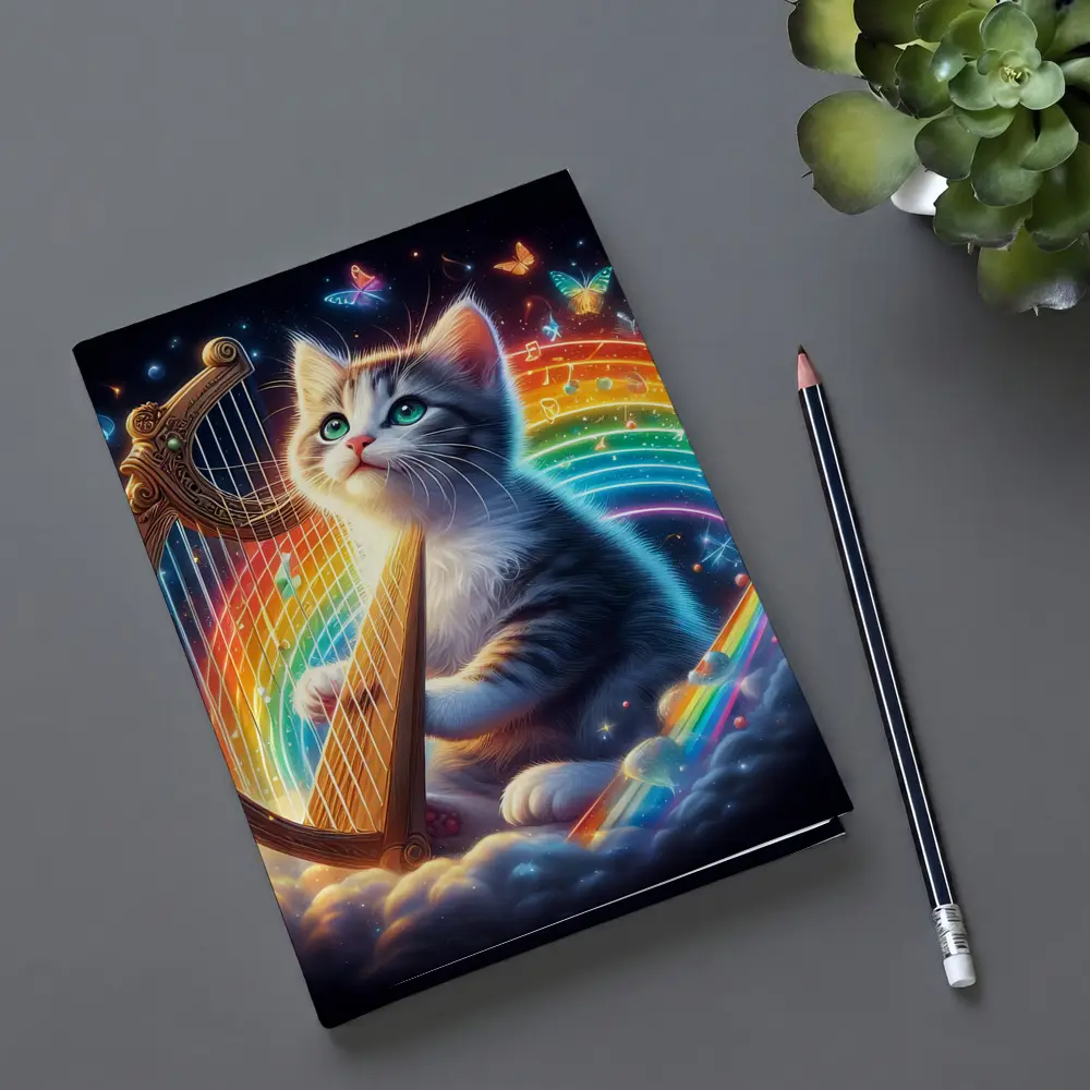 Kitten Playing Harp Rainbow Butterflies Fantasy – Notebooks
