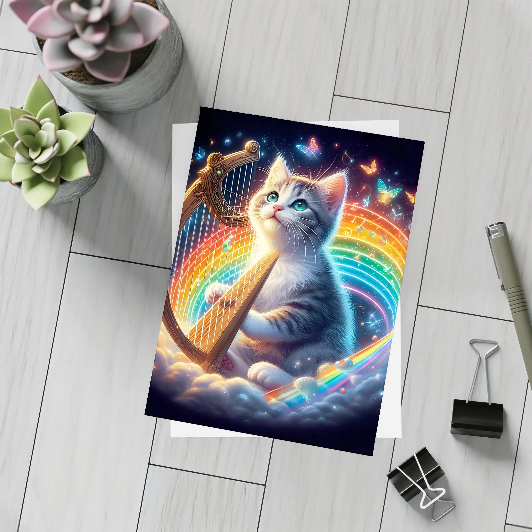 Kitten Playing Harp Rainbow Butterflies Fantasy – Postcards
