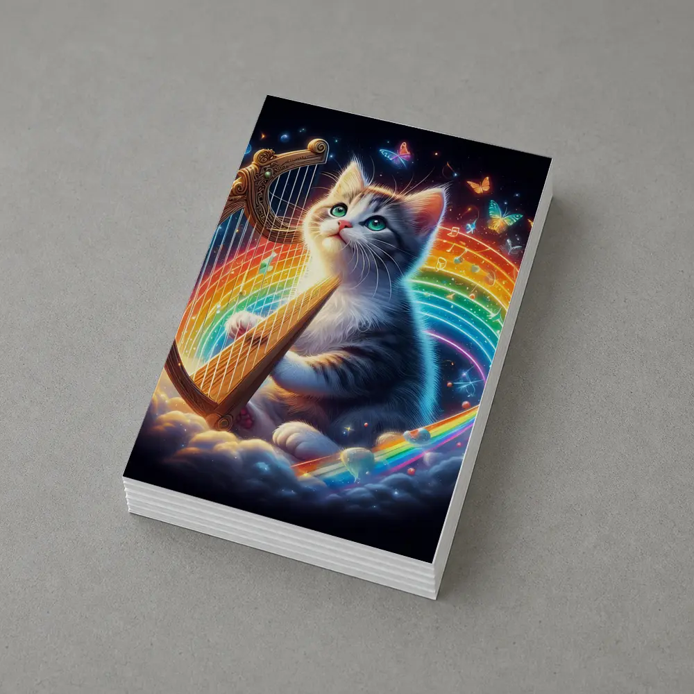 Kitten Playing Harp Rainbow Butterflies Fantasy – Postcards