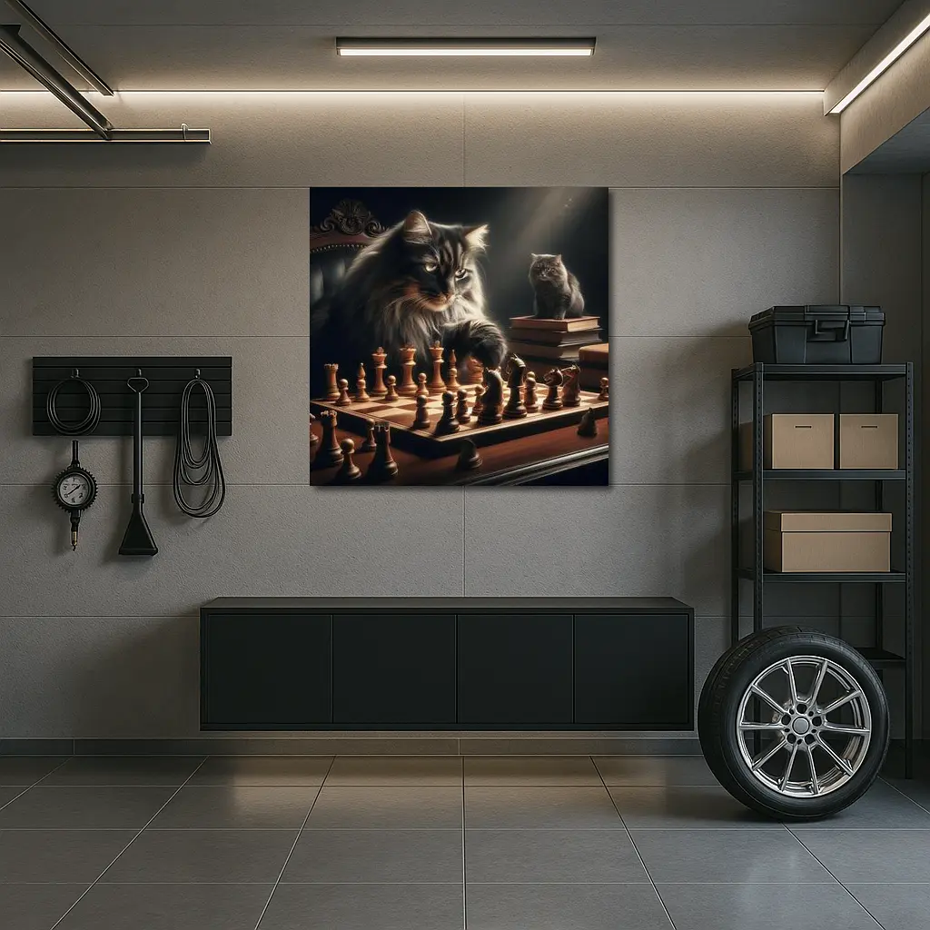 Long Hair Cats Playing Chess Dark Room – Wall Art