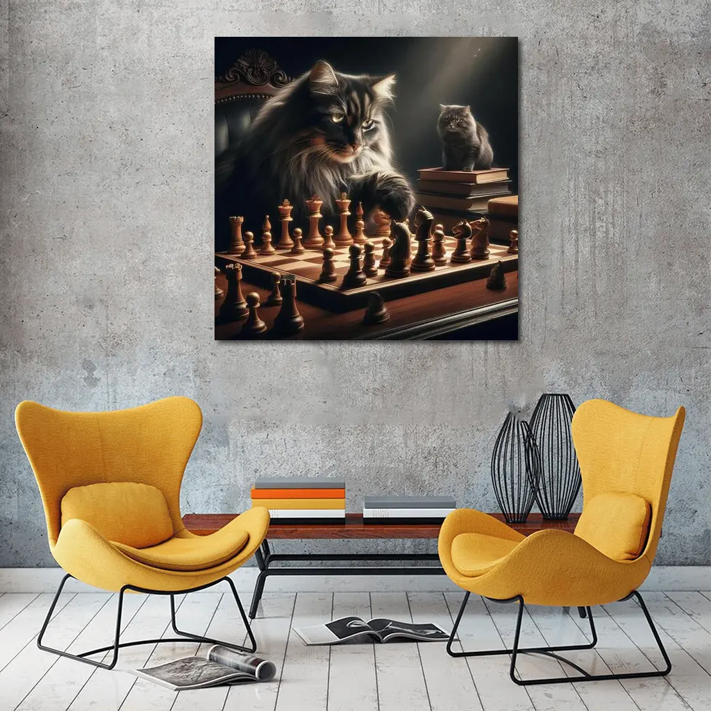 Long Hair Cats Playing Chess Dark Room – Wall Art