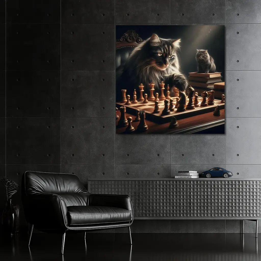 Long Hair Cats Playing Chess Dark Room – Wall Art