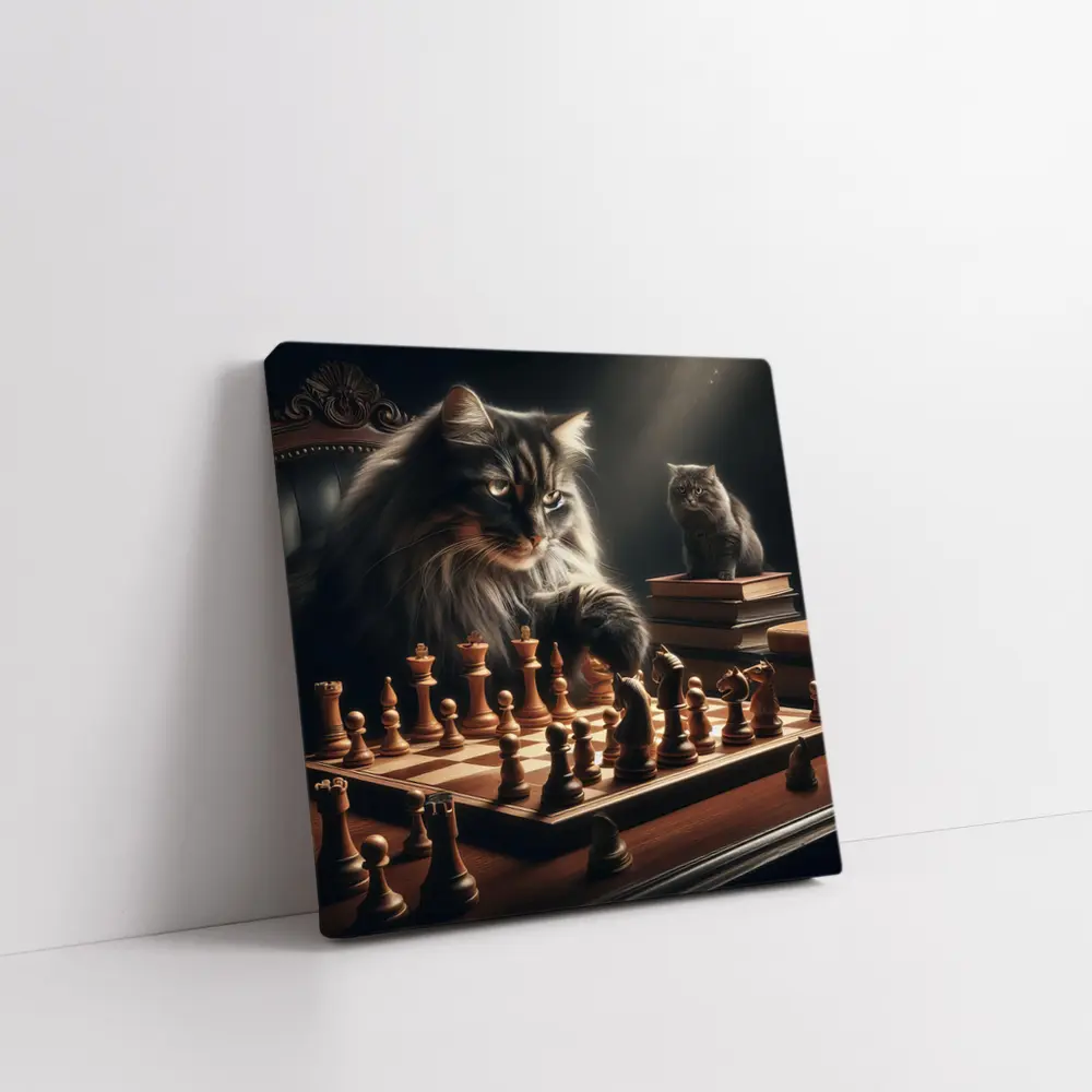 Long Hair Cats Playing Chess Dark Room – Wall Art