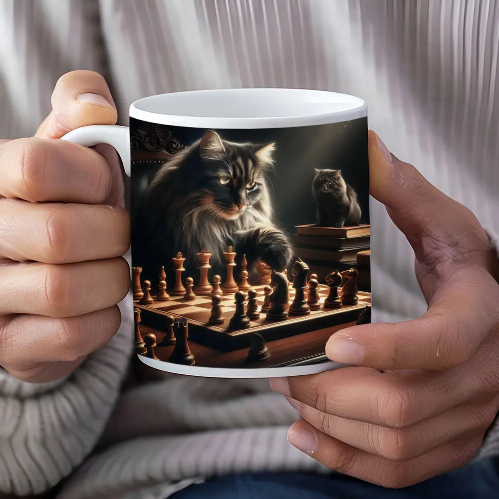 Long Hair Cats Playing Chess Dark Room – Mugs