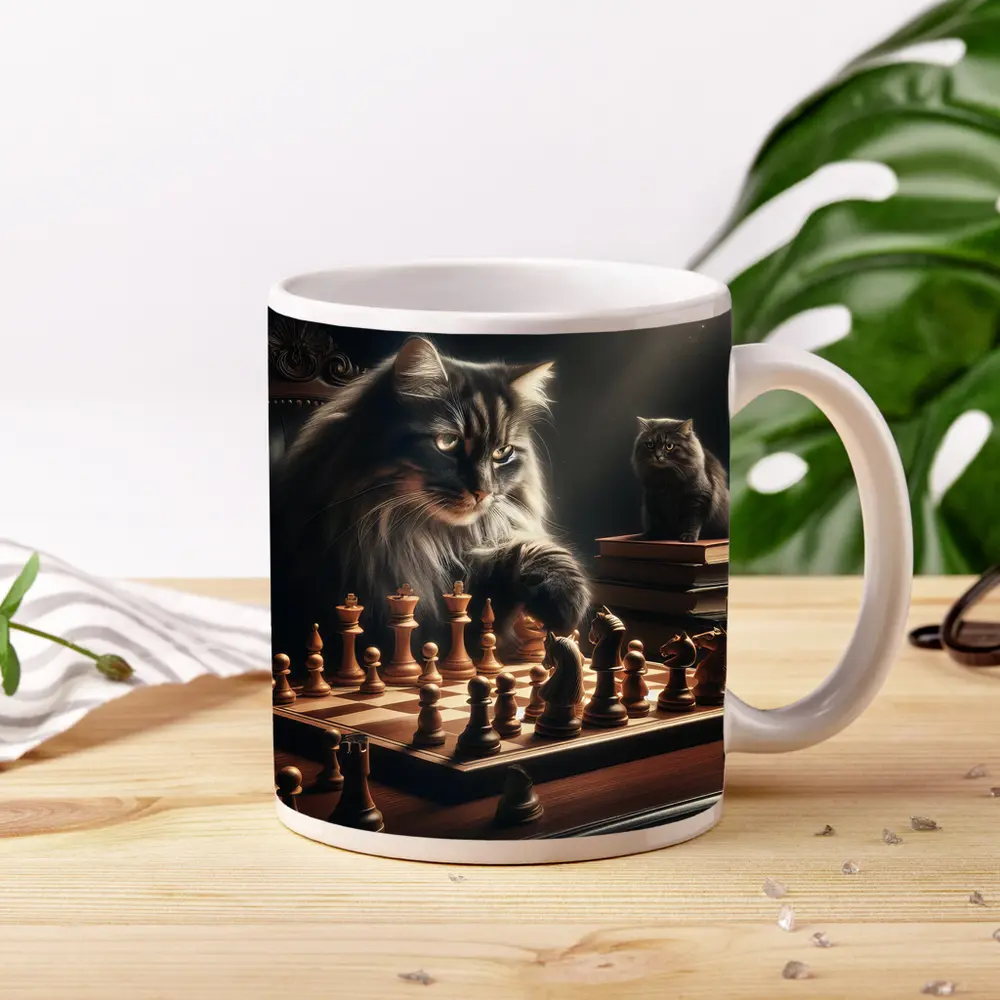Long Hair Cats Playing Chess Dark Room – Mugs