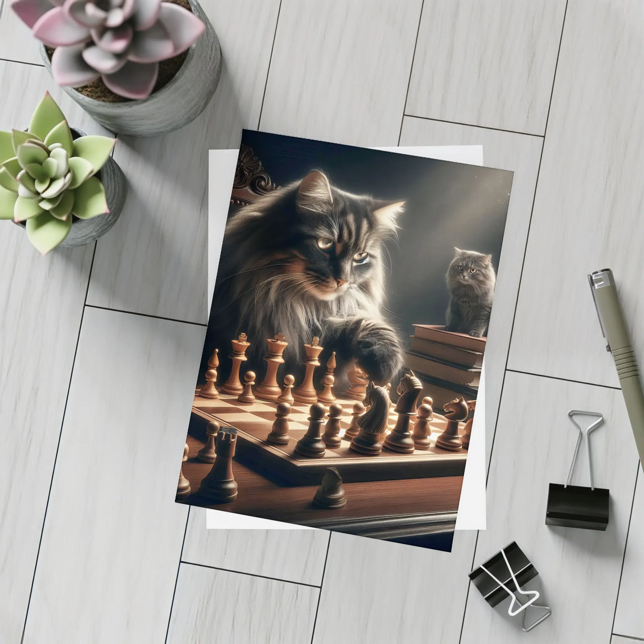 Long Hair Cats Playing Chess Dark Room – Postcards