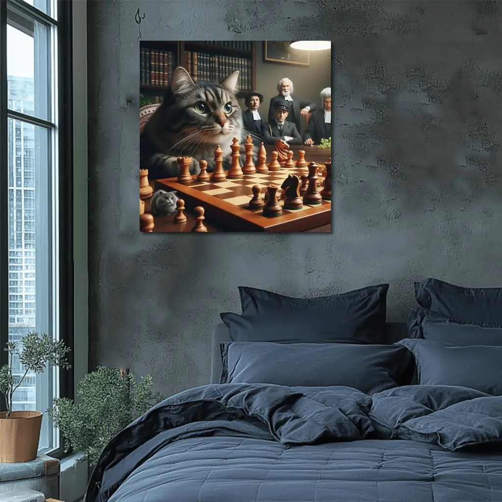 Tabby Cat Playing Chess in Library – Wall Art