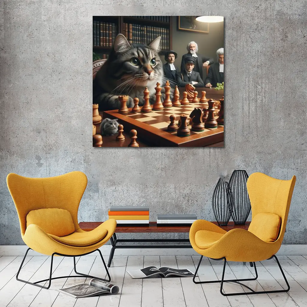 Tabby Cat Playing Chess in Library – Wall Art