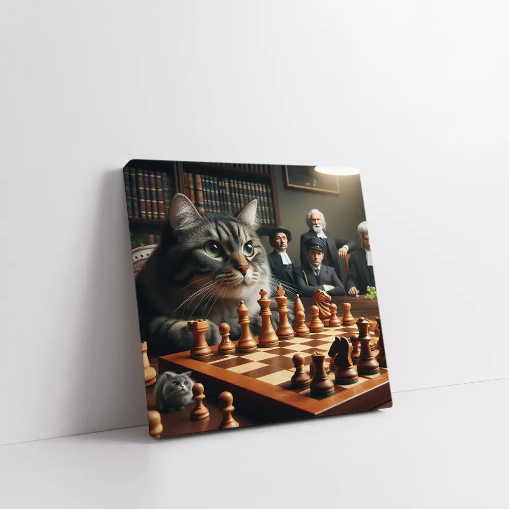 Tabby Cat Playing Chess in Library – Wall Art