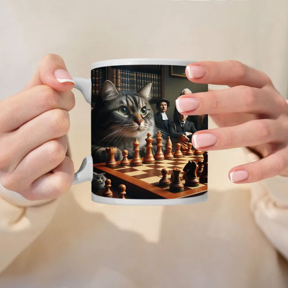 Tabby Cat Playing Chess in Library – Mugs