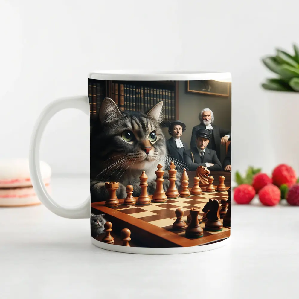 Tabby Cat Playing Chess in Library – Mugs