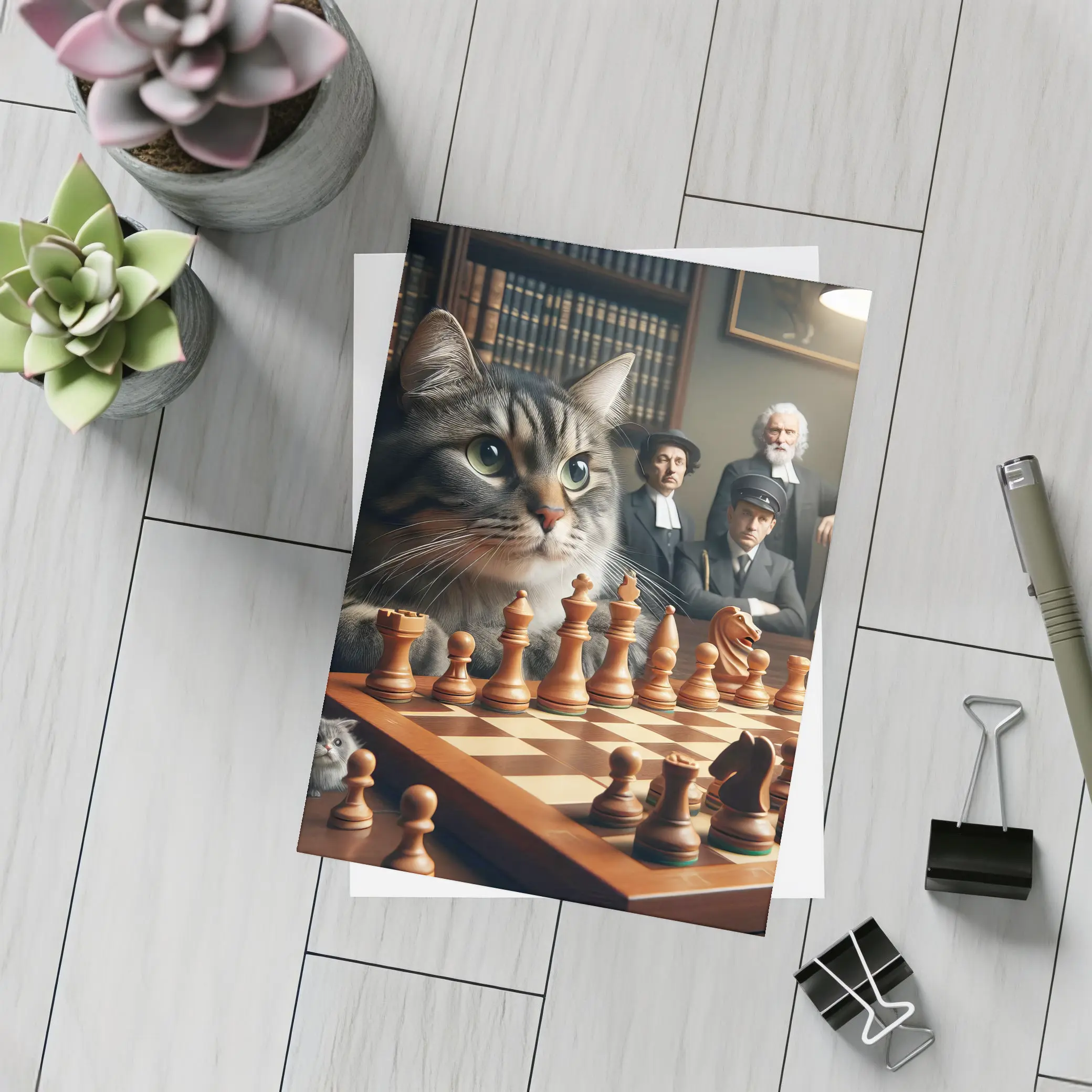 Tabby Cat Playing Chess in Library – Postcards