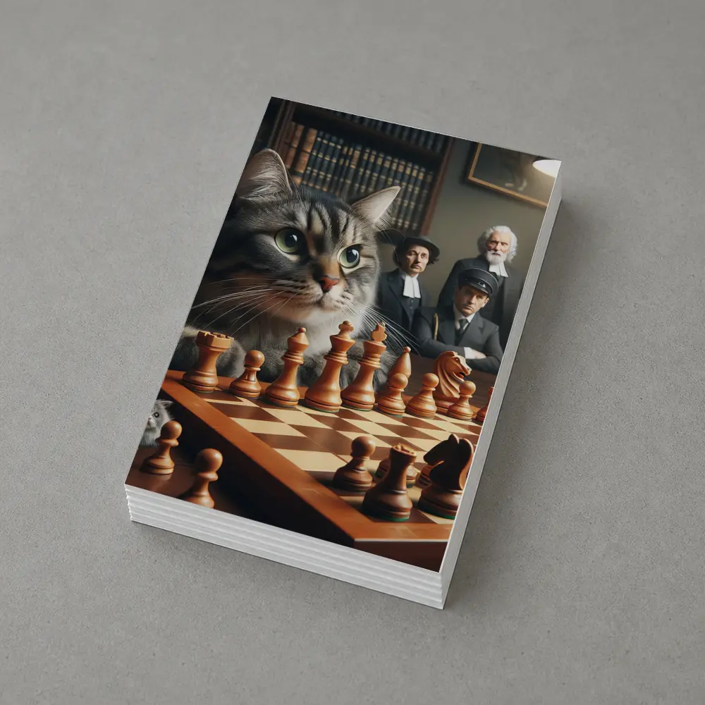 Tabby Cat Playing Chess in Library – Postcards