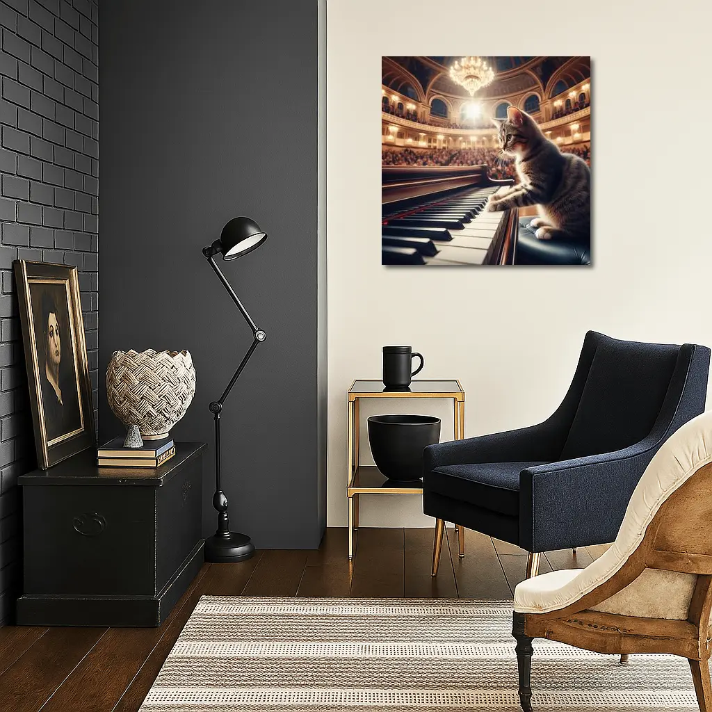 Tabby Cat Playing Grand Piano Concert Hall – Wall Art
