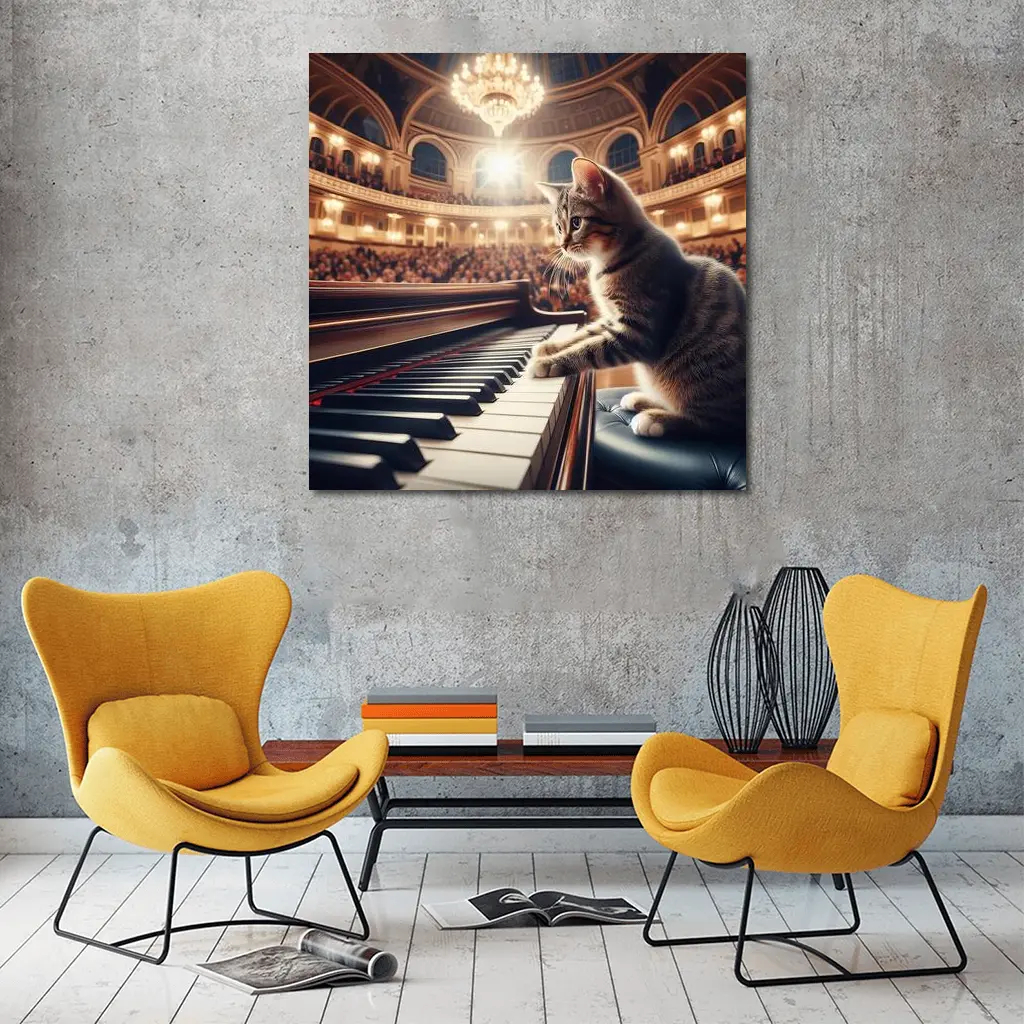 Tabby Cat Playing Grand Piano Concert Hall – Wall Art
