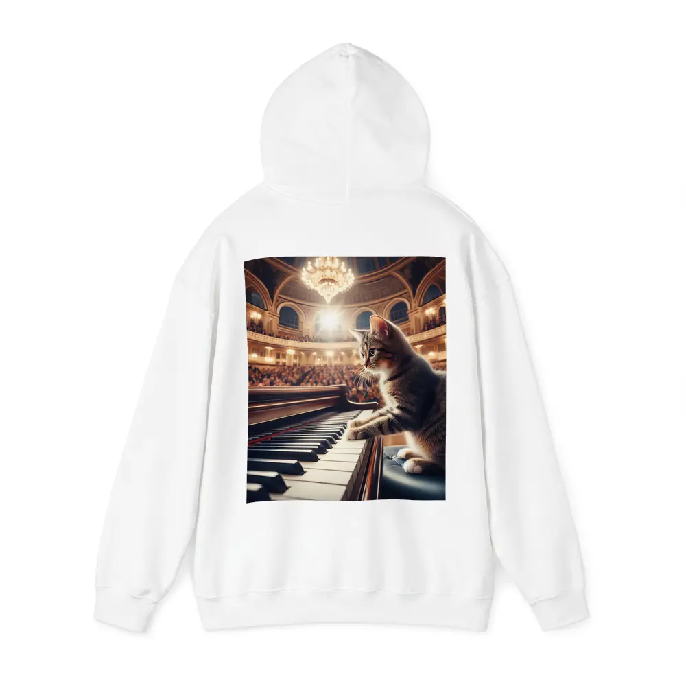 Tabby Cat Playing Grand Piano Concert Hall – Hoodies