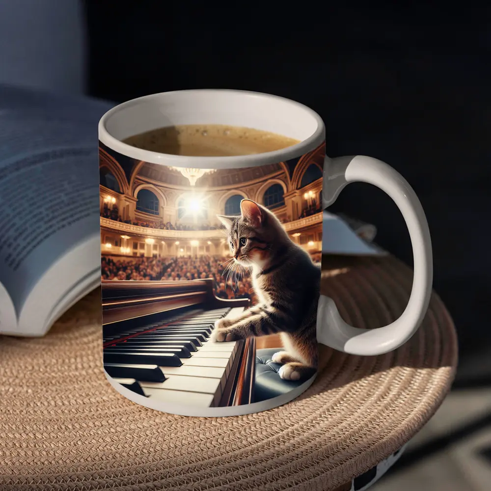 Tabby Cat Playing Grand Piano Concert Hall – Mugs