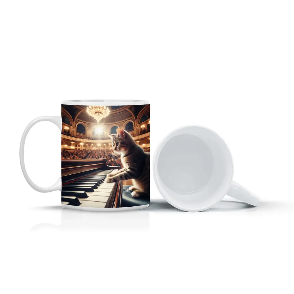 Tabby Cat Playing Grand Piano Concert Hall – Mugs