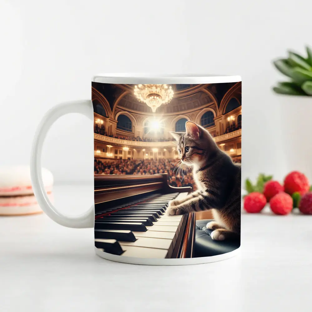 Tabby Cat Playing Grand Piano Concert Hall – Mugs