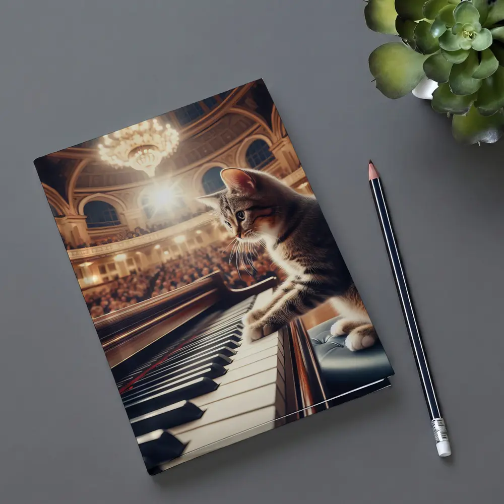 Tabby Cat Playing Grand Piano Concert Hall – Notebooks