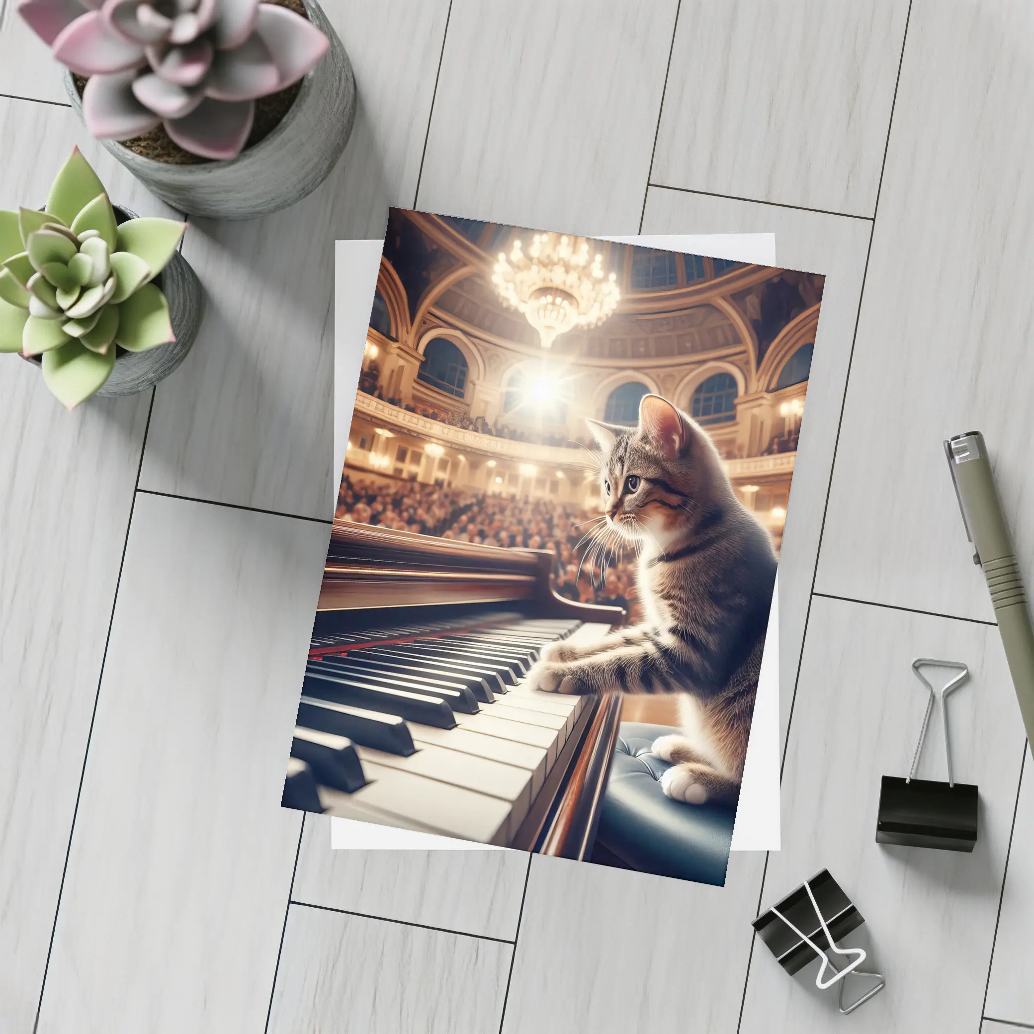Tabby Cat Playing Grand Piano Concert Hall – Postcards