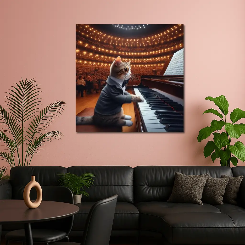 Cat in Tuxedo Playing Grand Piano Concert – Wall Art