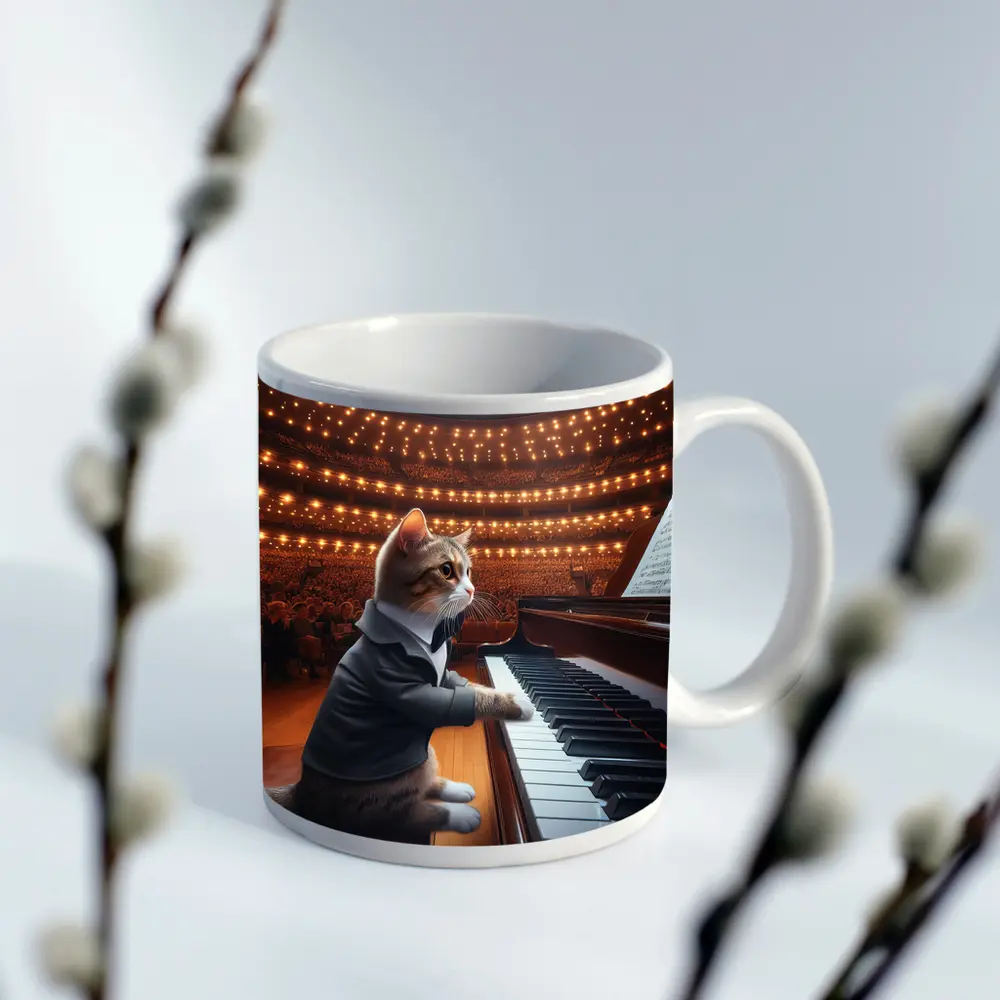 Cat in Tuxedo Playing Grand Piano Concert – Mugs