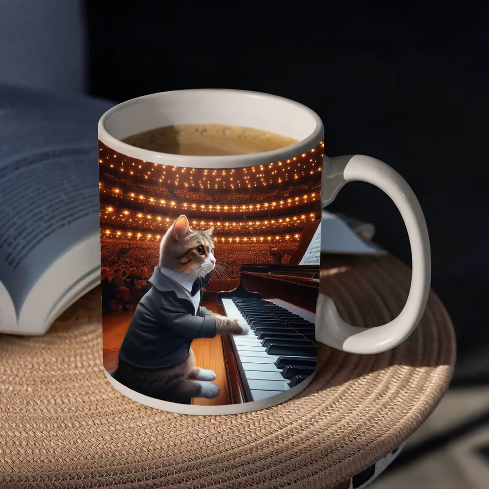 Cat in Tuxedo Playing Grand Piano Concert – Mugs