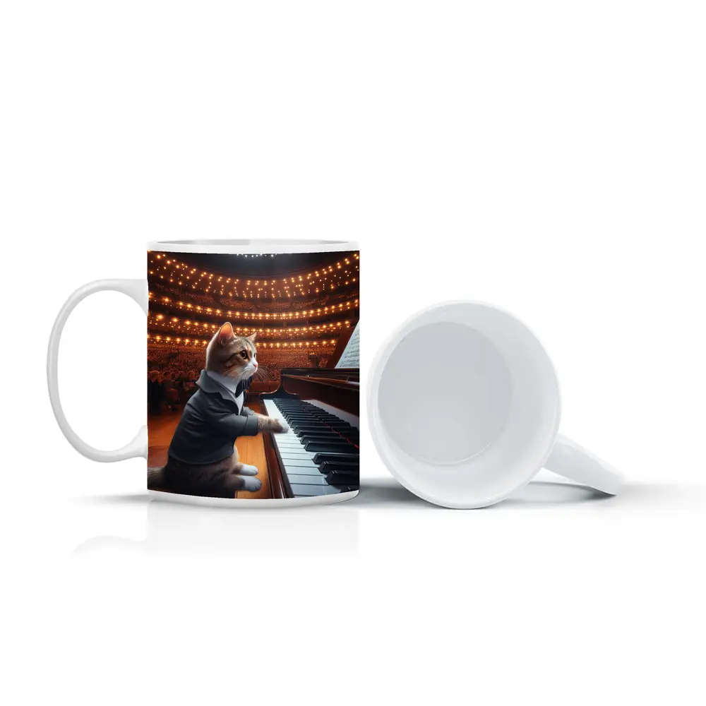 Cat in Tuxedo Playing Grand Piano Concert – Mugs