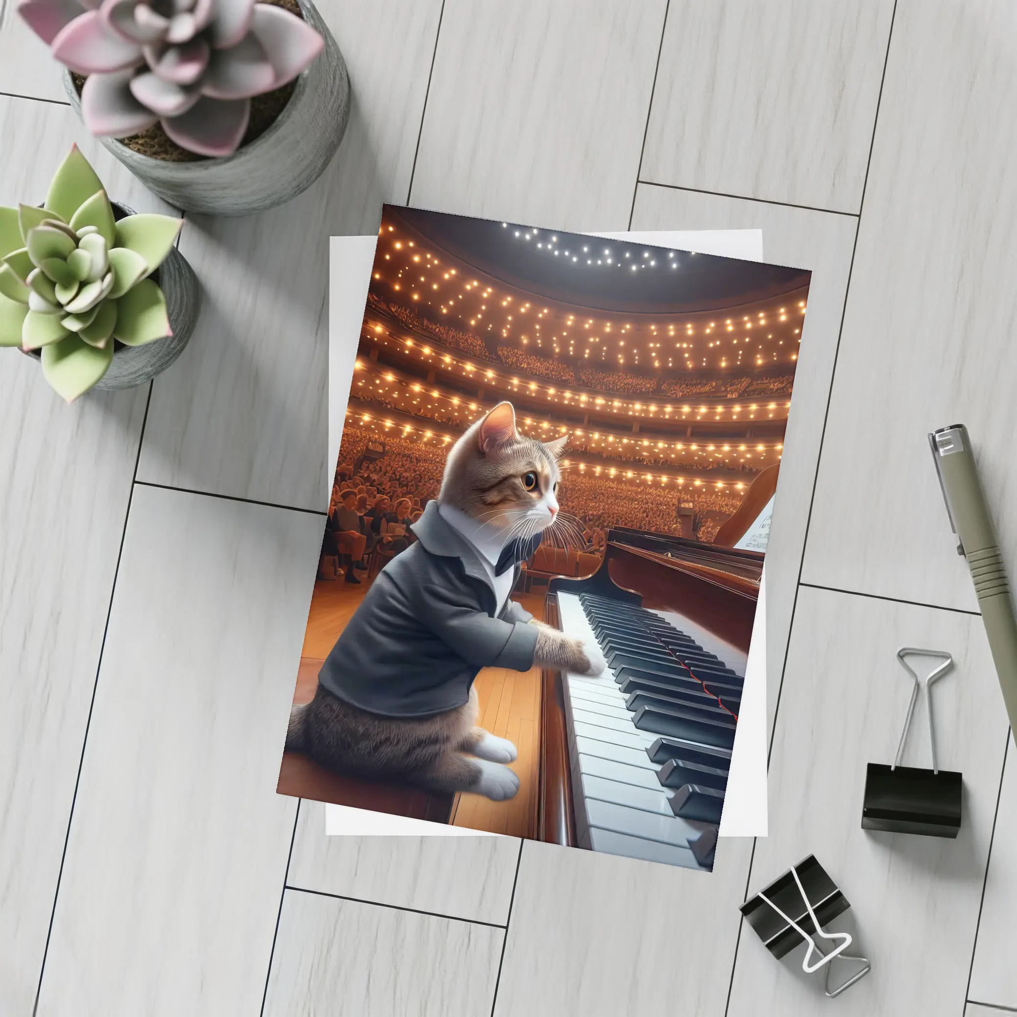 Cat in Tuxedo Playing Grand Piano Concert – Postcards