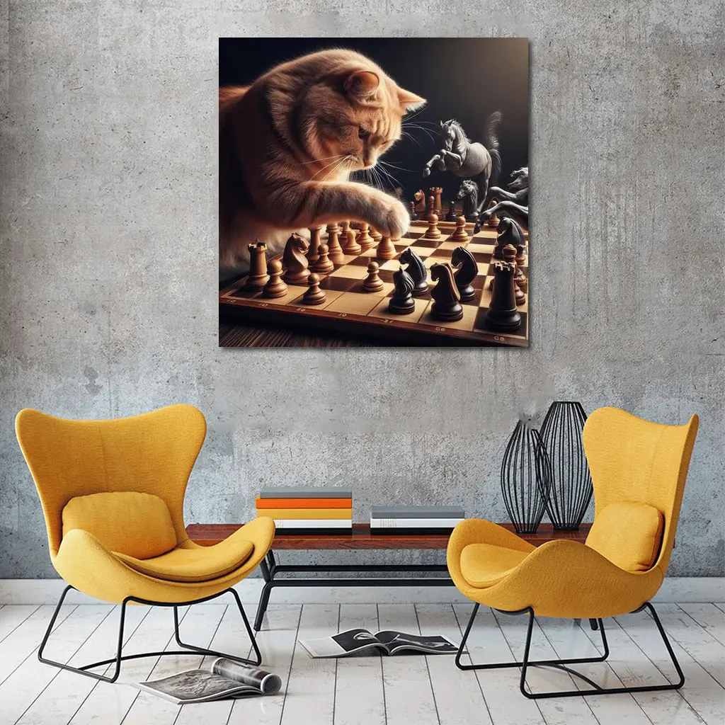 Orange Cat Playing Chess Dark Background – Wall Art