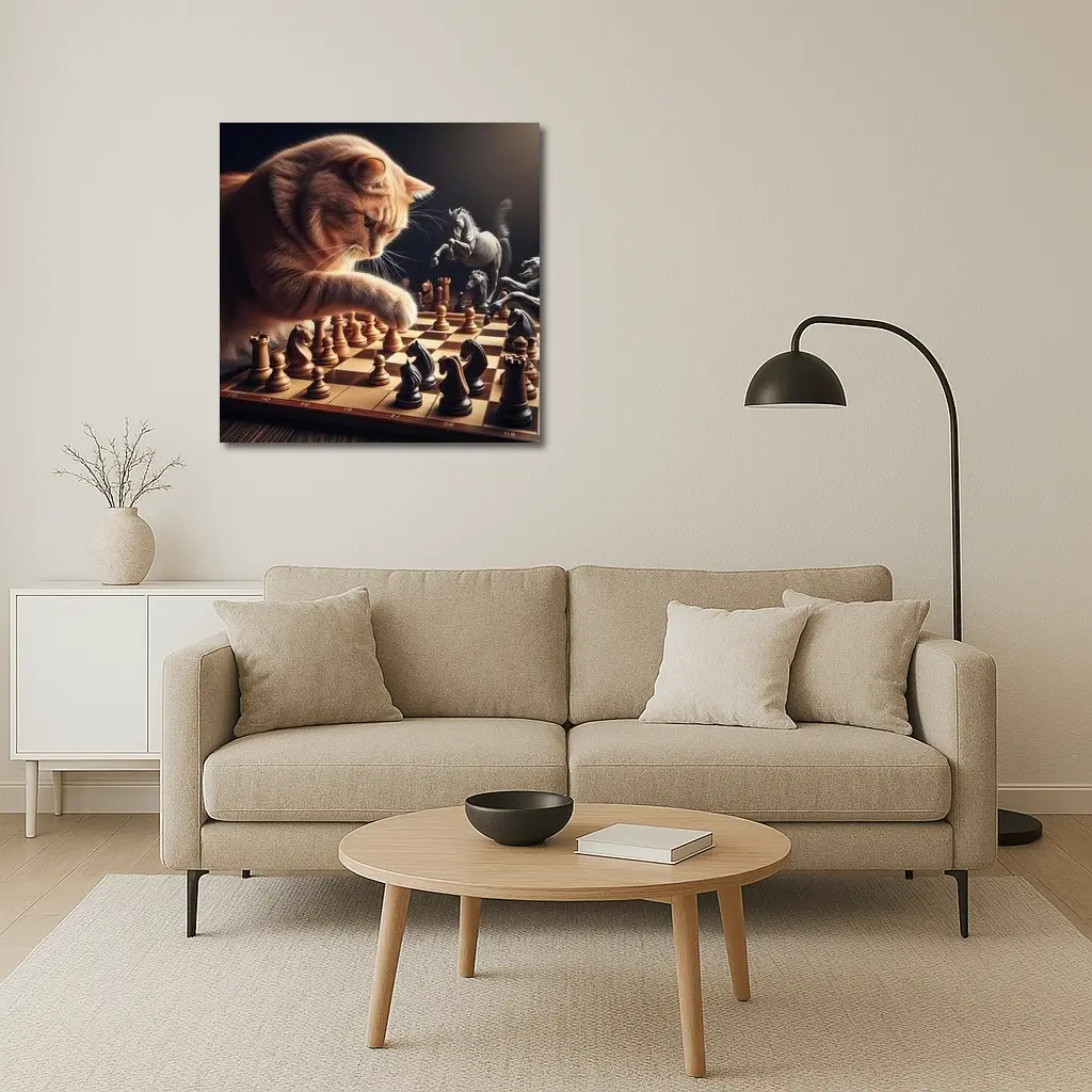 Orange Cat Playing Chess Dark Background – Wall Art