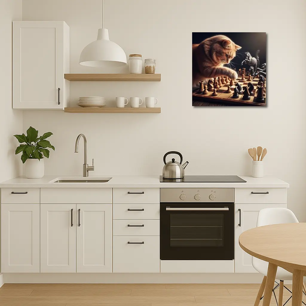 Orange Cat Playing Chess Dark Background – Wall Art