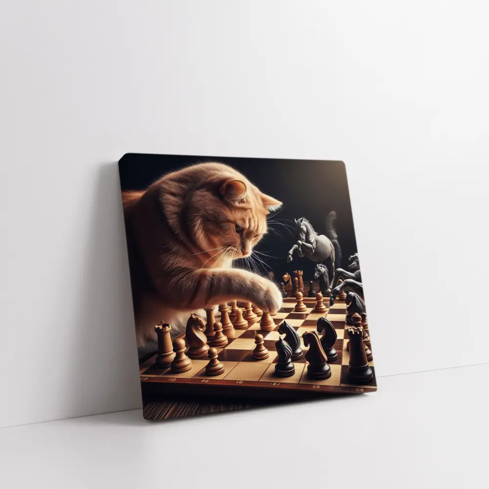 Orange Cat Playing Chess Dark Background – Wall Art