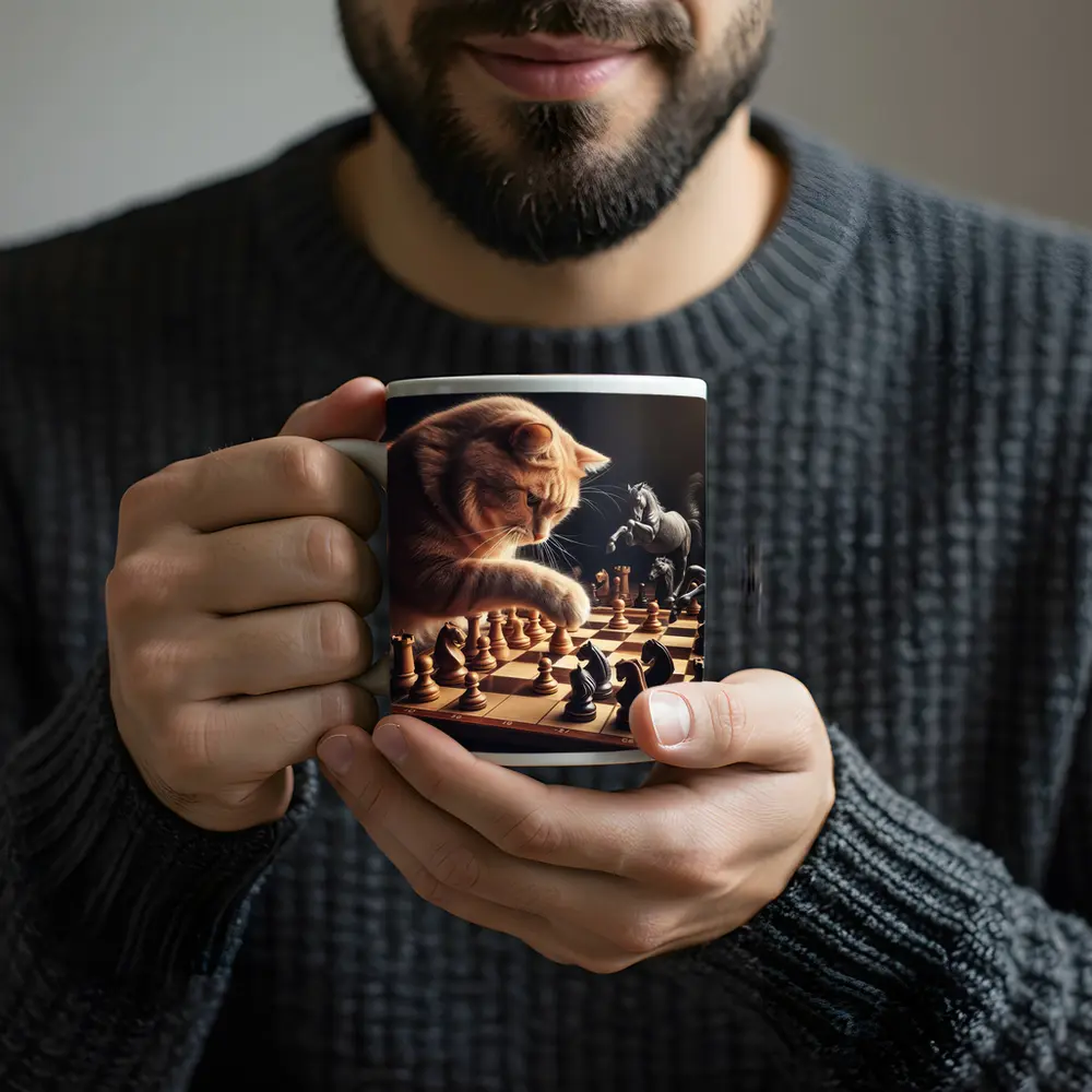 Orange Cat Playing Chess Dark Background – Mugs