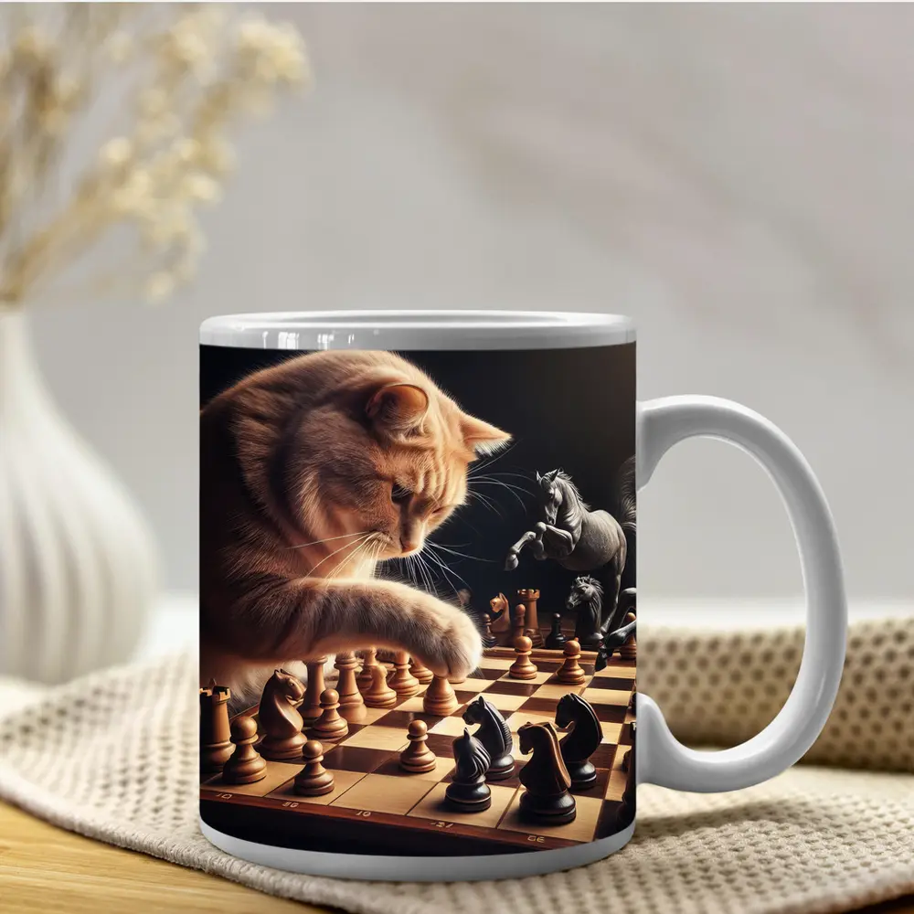 Orange Cat Playing Chess Dark Background – Mugs
