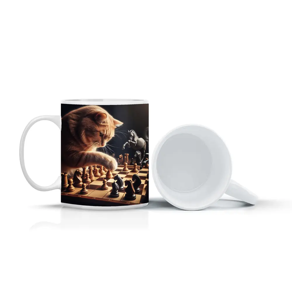 Orange Cat Playing Chess Dark Background – Mugs
