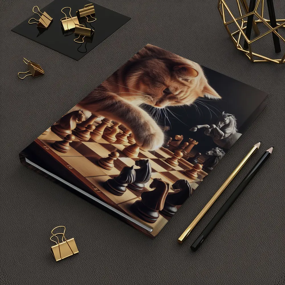 Orange Cat Playing Chess Dark Background – Notebooks