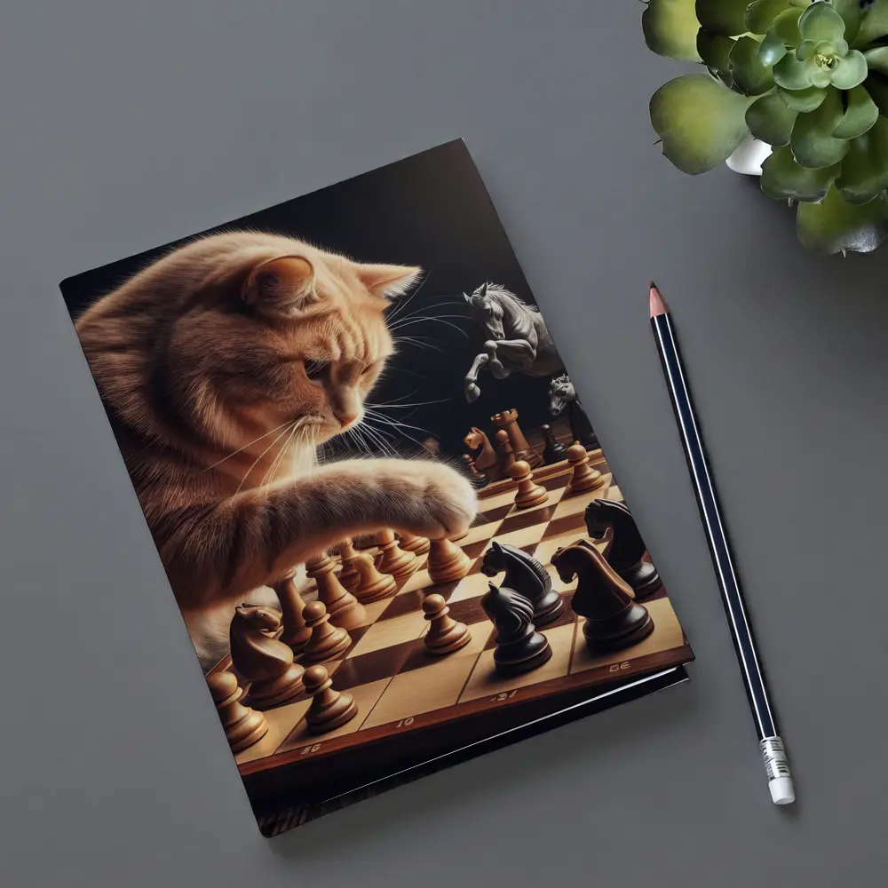 Orange Cat Playing Chess Dark Background – Notebooks