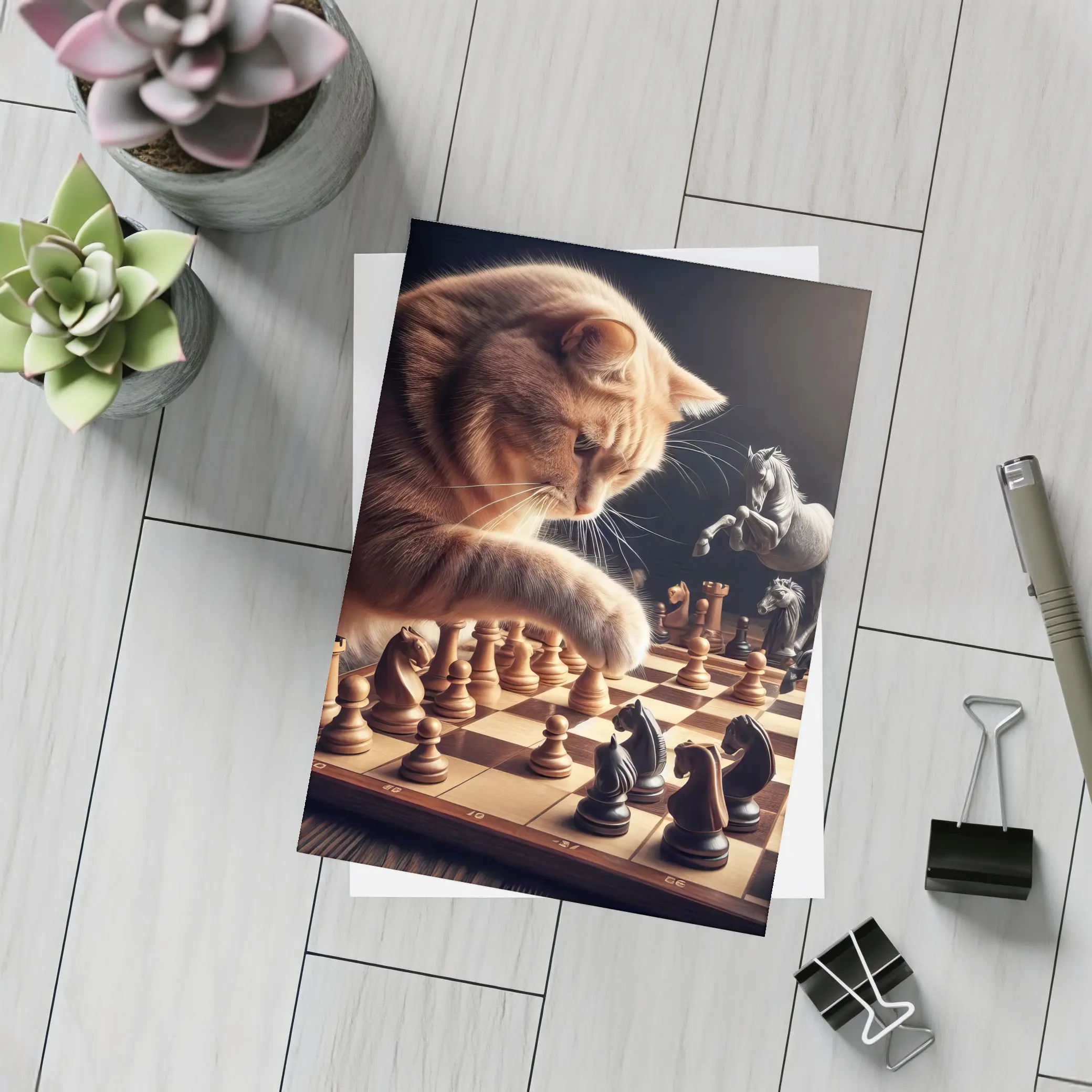 Orange Cat Playing Chess Dark Background – Postcards