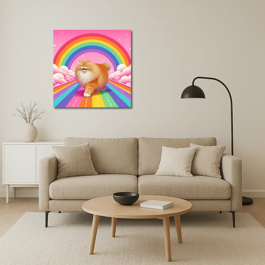 Fluffy Orange Cat Rainbow Pink Sky – Wall Art