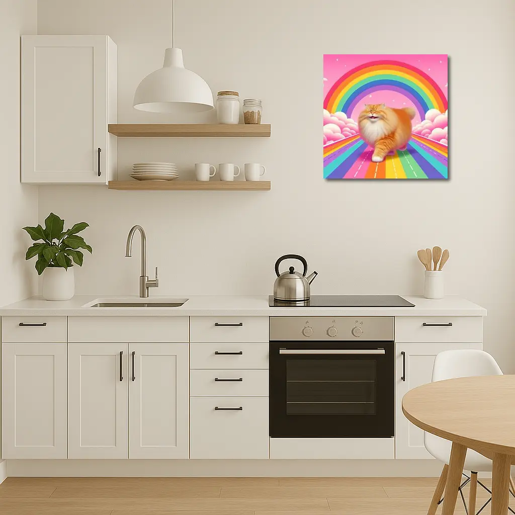 Fluffy Orange Cat Rainbow Pink Sky – Wall Art
