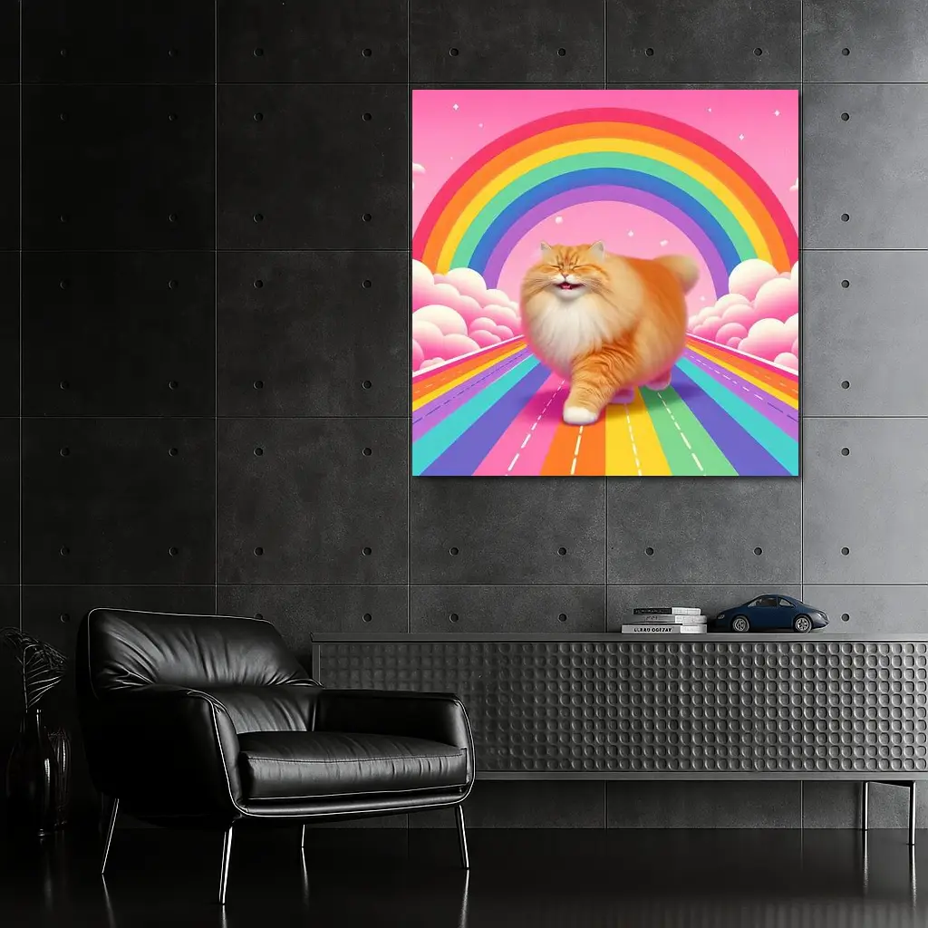 Fluffy Orange Cat Rainbow Pink Sky – Wall Art