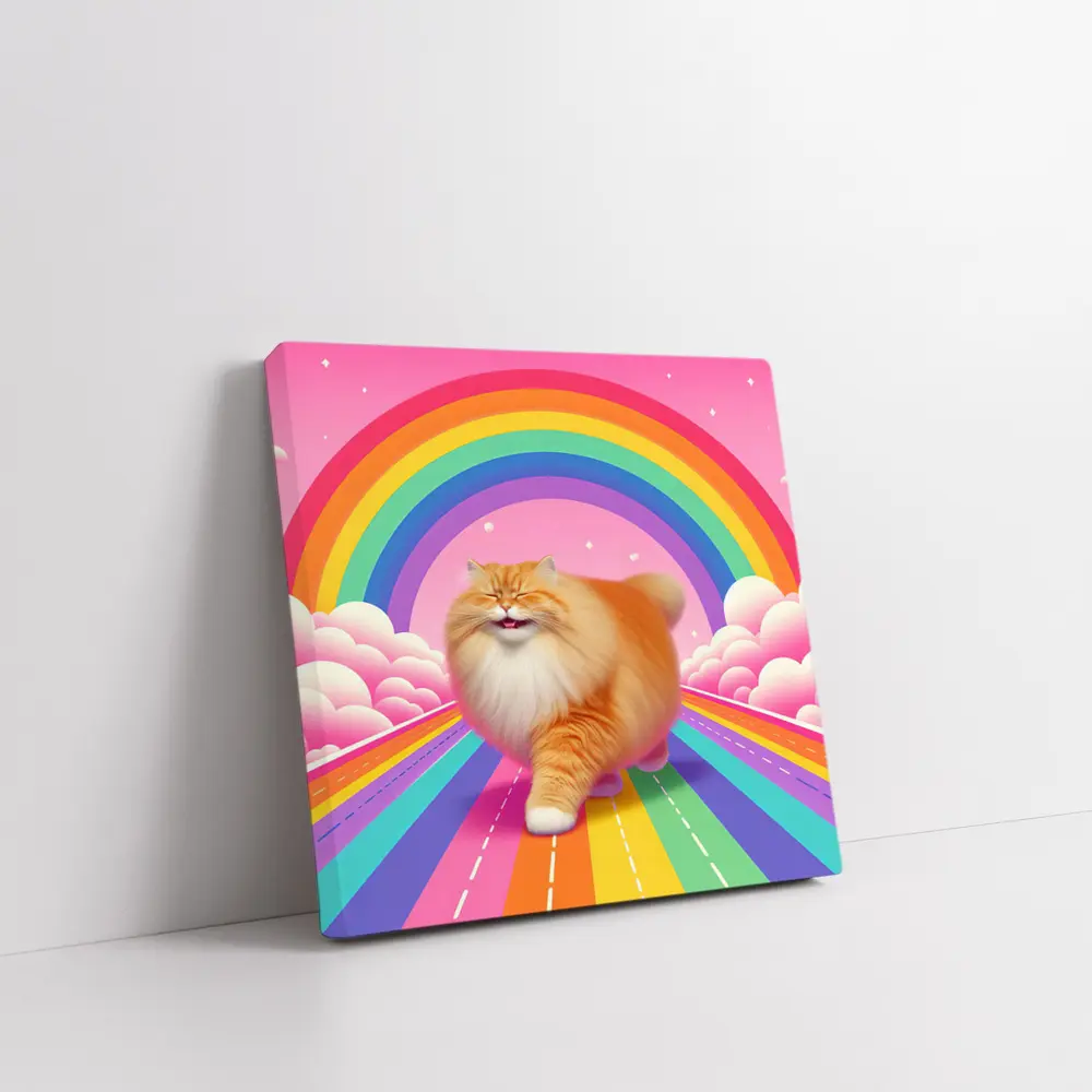 Fluffy Orange Cat Rainbow Pink Sky – Wall Art